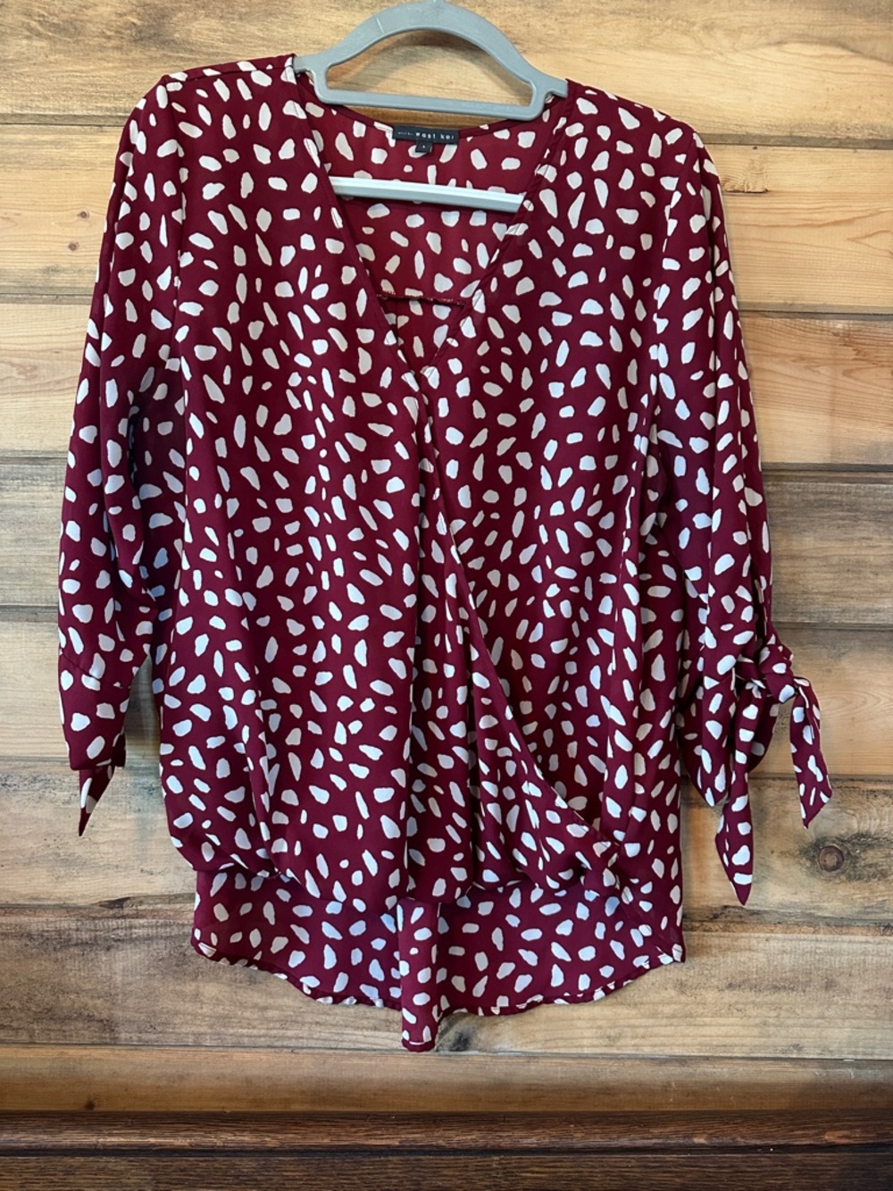 West Kei Burgundy and White Tie-Sleeve Faux-Wrap Blouse
